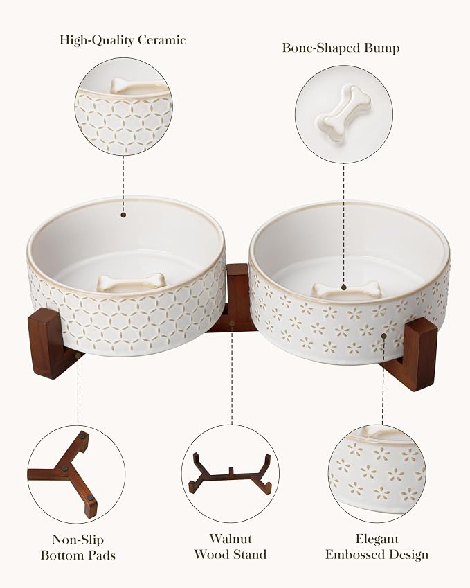MALACASA Dog Bowl Set, Ceramic Bowls with Walnut Wood Stand, 3.5 Cups | Five-Leaf Grass and Honeycomb Design, Non-Slip Base, for Cats and Dogs, About 26% Heavier than Similar Ceramic Bowls - Image 5