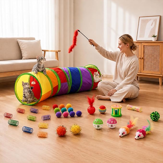 AILUKI 33PCS Cat Toys Variety Pack for Indoor Cats, Kitten Toys Cat Tunnel | Kitten Toys for Indoor Kittens Cat Toy Bundle Set with Feather Teaser Wand, Springs Balls Bell Mice & Interactive Cat Toys - Image 6