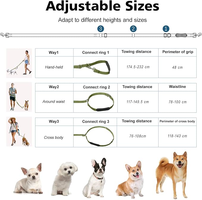 8.5ft Hands Free Dog Leash Adjustable for Medium Dogs, Army Green | Versatile Handheld Crossbody Waist Lead with 3 Rings, Easy Adjust for Running Jogging Walking, Sponge Handle - Image 4