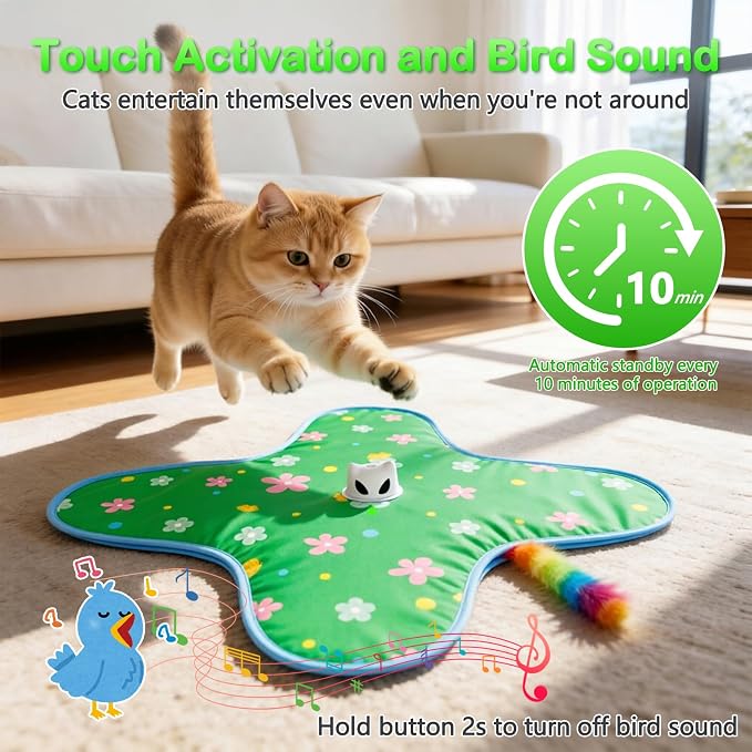 Interactive Cat Toys for Indoor Cats, Rechargeable Hide & Seek Toy | Touch Activated, 3 Speed Modes, 10-Min Auto off, Bird Chirps(can turn off), Hidden Feather Wand for Bored Adult Cats, Green - Image 4