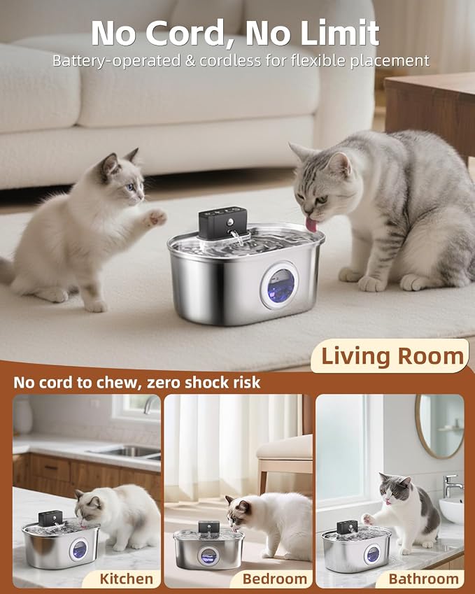 Cordless 3.2L/108oz Stainless Steel Cat Water Fountain Pet Fountain | Rechargeable Pet Water Dispenser - Motion Sensor Activation - Multi-Layer Filtration - Ultra-Quiet Pump (4 Filters) - Image 2