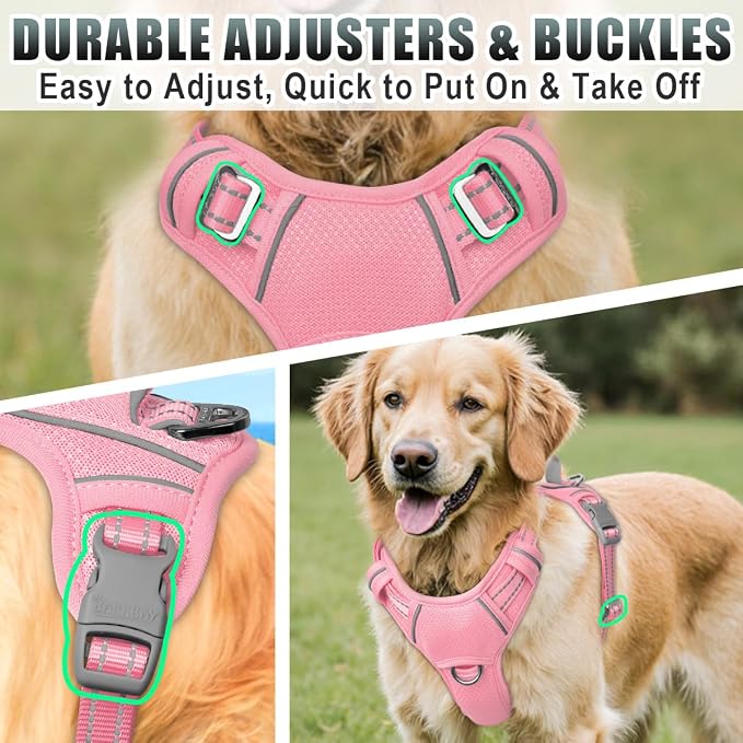 BARKBAY No Pull Dog Harness Large Reflective Dog Harness with Front Clip and Easy Control Handle for Walking Training Running with ID tag Pocket(Baby Pink,M) - Image 8