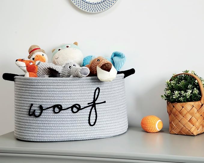 Woof Dog Basket - Cotton Rope Pet Storage Bin With Durable Handles, Large Toy Organizer for Puppies, Perfect for Chew Toys, Blankets and Leashes - Image 2