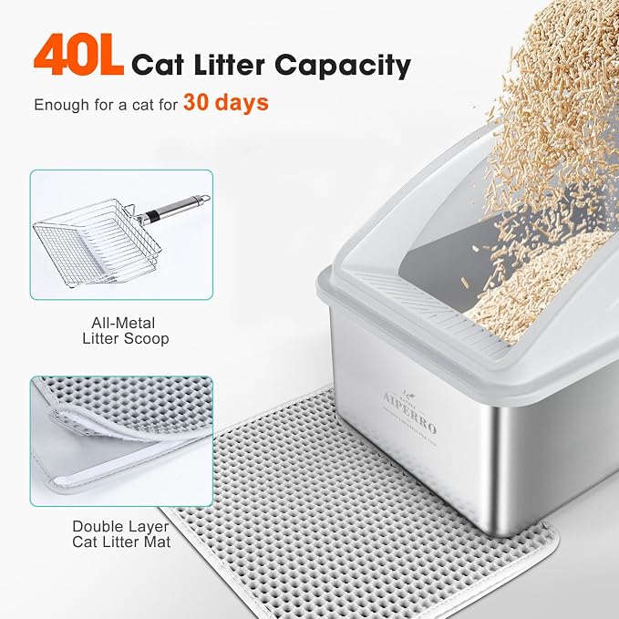 AIPERRO Stainless Steel Litter Box | XXL Deepened 8" Design Metal Cat Box | High Sided with Lid for Big Cats | Anti-Urine Leakage | Non-Stick Bottom & Easy to Clean | Includes Litter Mat & Metal Scoop - Image 6