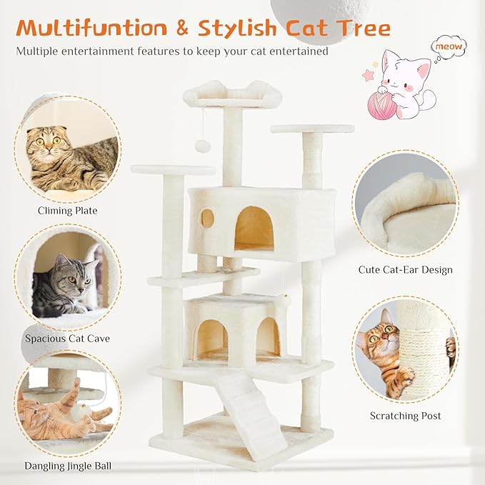 Sweetcrispy 54-inch Cat Tree Tower with Scratching Posts, Indoor Use | Multi-Level Indoor Cat Tree Condo with Climbing Ladder, Plush Toy, Play House for Kitten, Beige - Image 4