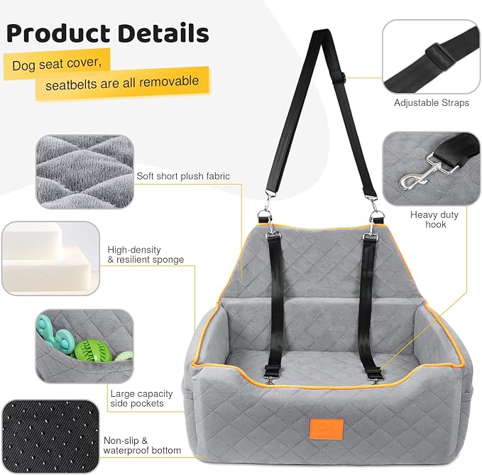 XIEEAOZEE Dog Car Seat for Large/Medium Dog, Booster Seat for Dogs Under 55Lbs or 2 Small Puppy, Detachable and Washable Travel Pet Bed with Thick Cushion and Storage Pockets (Gray) - Image 4