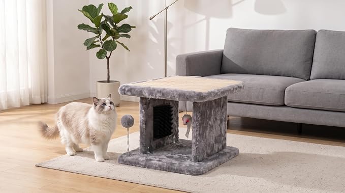 Large Cat Bed with Scratching Post and Combing Board, Sturdy and Durable, Ideal for Small Breeds | Large plush cat tunnel with a removable sisal scratch pad, grooming brush, hanging toys, and spacious hideaway for cats. - Image 8