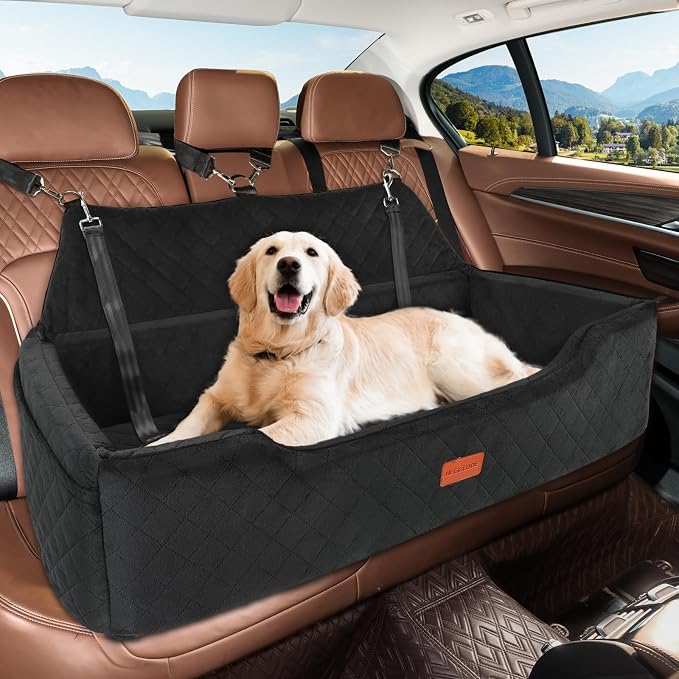 HEGGCOOE Large Dog Car Seat Under 100 lbs, Washable Dog Car Bed for 2 Medium Dogs, Detachable Pet Booster Seat with Storage Pocket and Seat Belt for Back Seat Dog Travel Bed by HEGGGCOOE