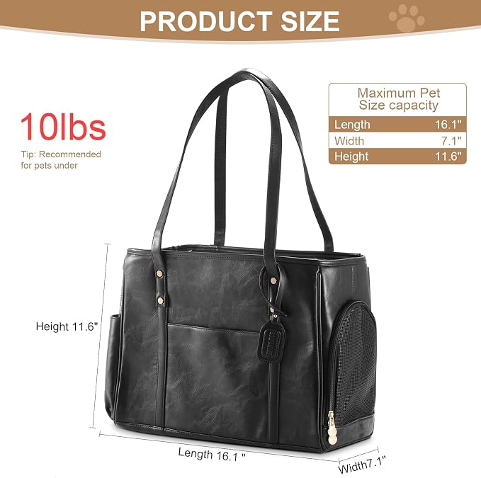 Fashion Dog Carrier Purse, Premium Leather Cat Carrier Bag, Airline Approved Soft Sided Pet Travel Tote Bag with Pockets Black - Image 2