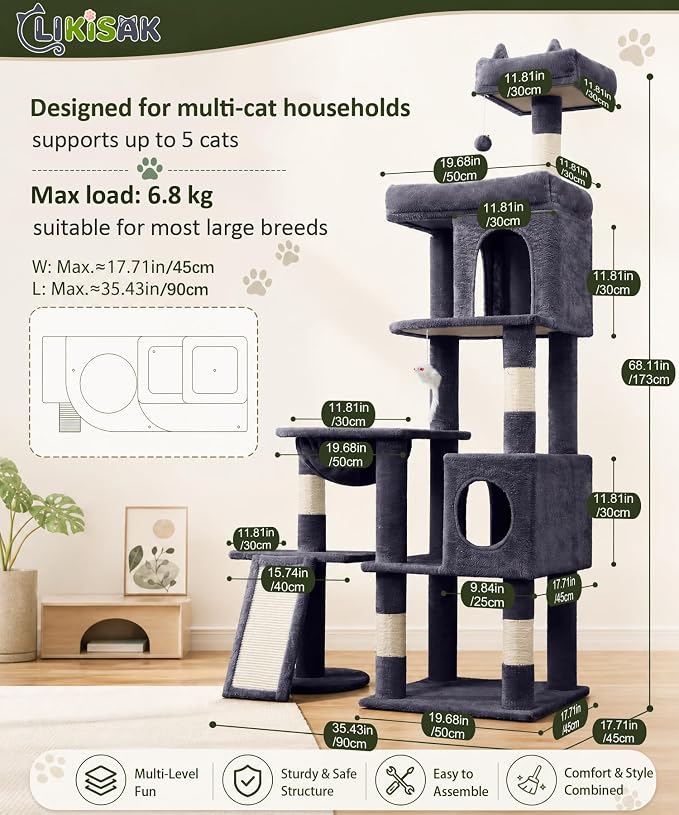 68 Inch Heavy Duty Cat Tree Tower for Indoor Cats Large Adult | Cat Tower with 2 Condos, Sisal Scratching Posts, Plush Platform & Hammock, Extra Stable Big Cat Furniture, Dark Grey - Image 2