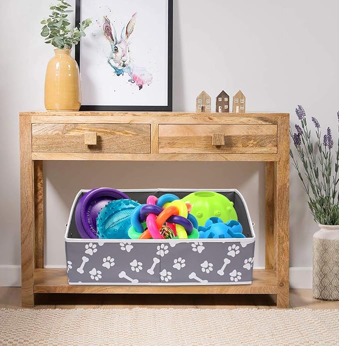 Linen-cotton Blend Dog Toy Organizer Basket - Storage for blankets, leashes, rope toys, clothing - Bone claw pattern - Image 9