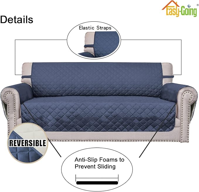 Easy-Going Reversible Couch Cover, 3 Cushion Sofa, Large, Dark Blue/Ivory | Machine Washable Slipcover For Dogs, Water Resistant Furniture Mat For Living Room, Non-Slip Sofa Cover, Pet Friendly - Image 4