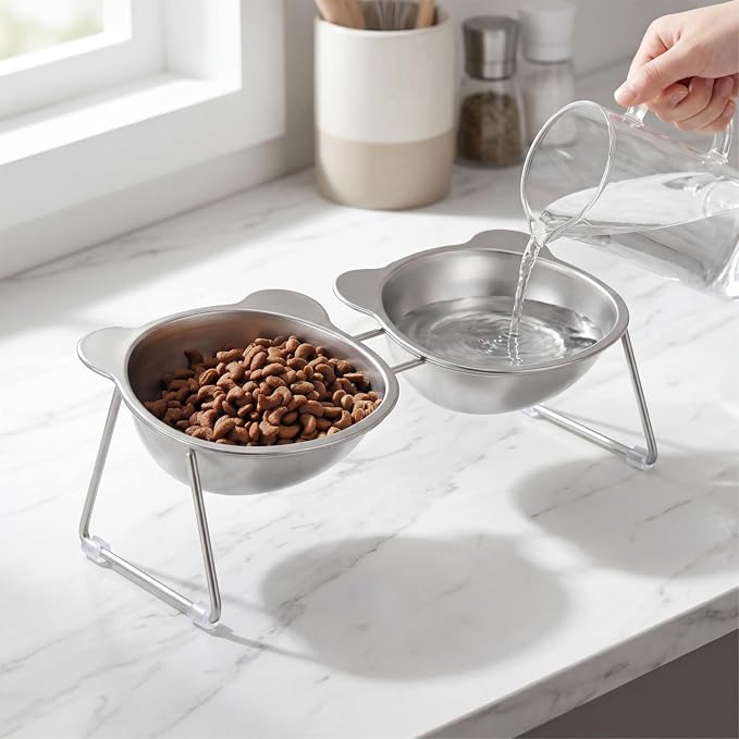 Stainless Elevated cat Bowls 5.9 Inch with Metal Stand Slip Resistant Base 15 Degrees Tilted Raised Pet Dishes Double Bowl Design Food and Water Dish for Cats Kitten Small Dog (Integrated Bowls) - Image 3