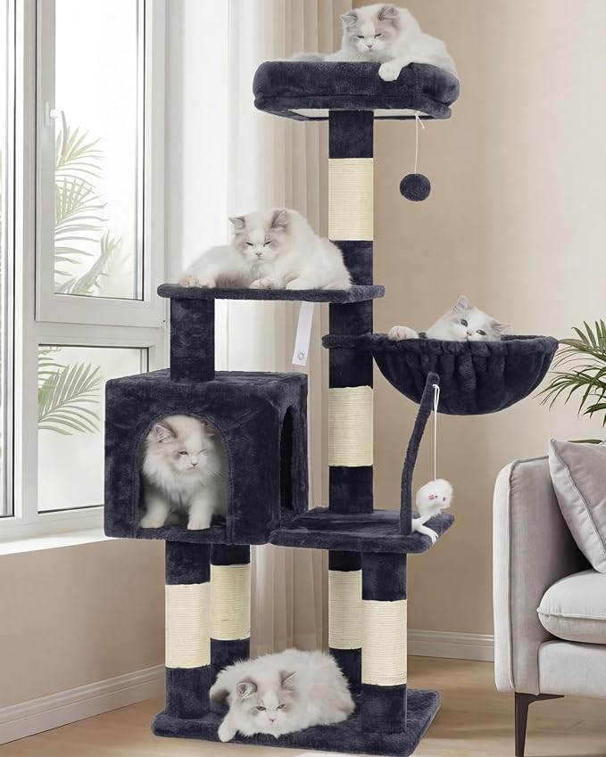 Heybly Cat Tree with Toy, 43.3 inch Cat Tower for Indoor Cats HCT004SG | Cat Condo with Durable Sisal Scratching Posts, Cat House with Padded Plush Perch, Cozy Hammock, Smoky Gray by HEYBLY