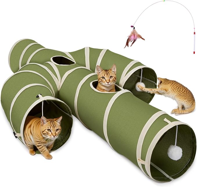 Ownpets Cactus Cat Tunnel 10" with Peek Holes for Indoor Large Cat, Green | Durable Oxford fabric, noise-free, foldable & connectable, multi-cat friendly, tube for cats up to 20lb, includes ball & wand by Ownpets