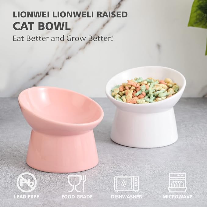 Raised Ceramic Cat Food Bowl - Elevated Base, Tilted, Anti Vomit - Whisker Friendly Shallow Wide Feeding Bowl - Microwave and Dishwasher Safe - Image 5