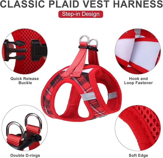 Classic Plaid Puppy Harness - Small Dog Harness and Leash Set - Dog Collar and Leash Set with AirTag Holder, Soft Padded Step in Dog Vest Harness No Pull Reflective for Outdoor, Red M - Image 2