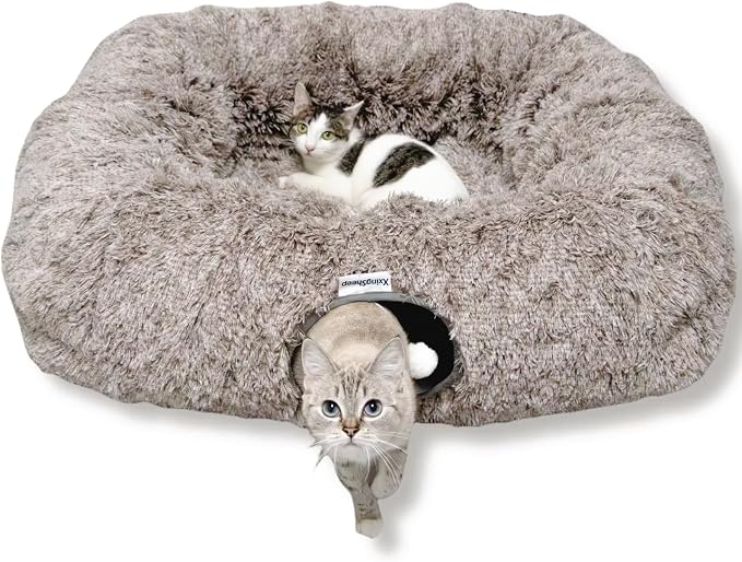 XxingSheep Extra Large Cat Tunnel Bed Plush Cat Cave for Indoor Cats | Cozy tunnel design can also work as a festive cat tree skirt to help keep cats away from Christmas decorations Yellow-Brown by XxingSheep