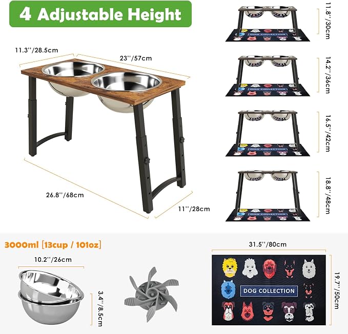 Elevated Dog Bowls for Large Dogs with Slow Feeder & Mat, 4 Height Adjustable & 101oz Bowls, Tall Raised Dog Bowl Stand - Image 4