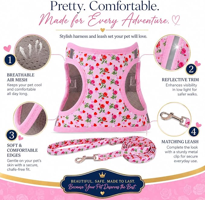 Step in Valentine's Day Dog Harness Leash Set- All Weather Reflective No-Pull Floral Pattern Padded Mesh Vest Harness for Cats Puppy Extra-Small Small Medium Large Dogs - Heart Rose - M - Image 2