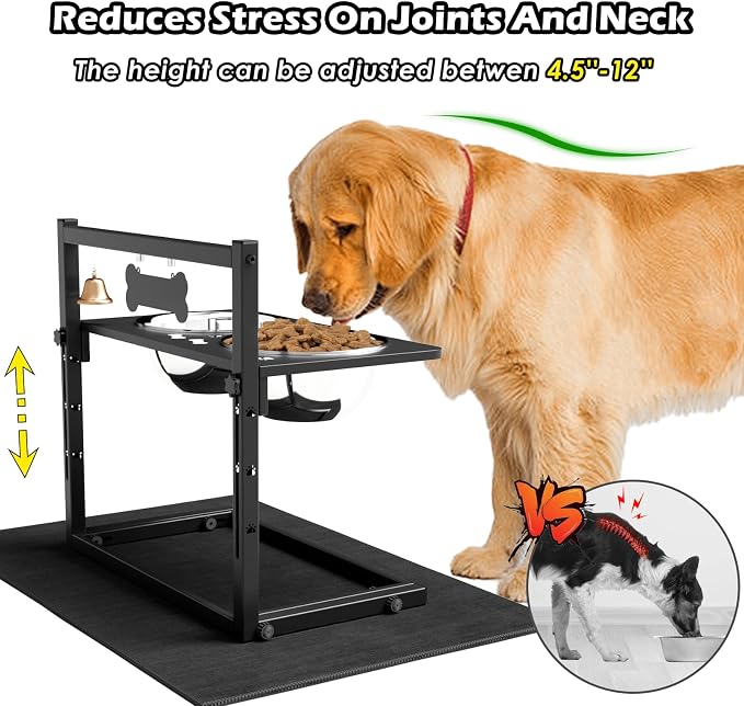 Elevated Dog Bowls With Mat, Adjustable Height 4.3-11.8'', Two 1.7L Stainless Steel Food & Water Bowls, Metal Raised Stand for Large, Medium Dogs - Image 2