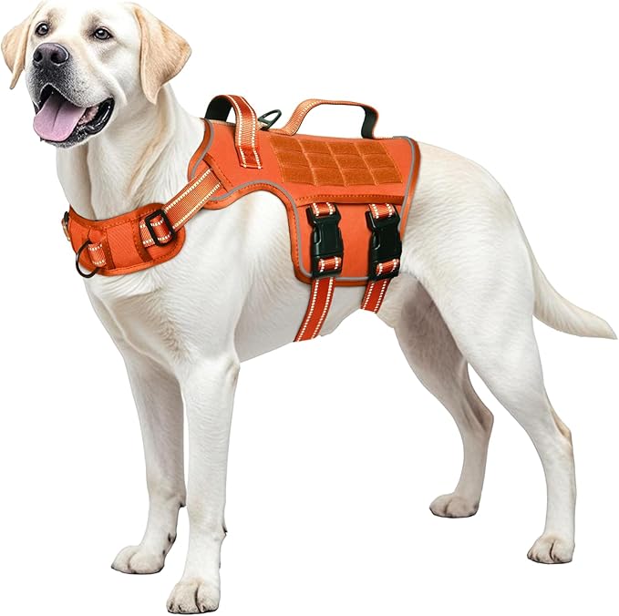 Dog Harness for Large Dogs, No Pull Tactical Vest with Front Clips | Easy Contrl Handle, Breathable Soft Padded, Adjustable, Reflective, Heavy Duty, Easy Take On & Off, Orange Large by Runfido