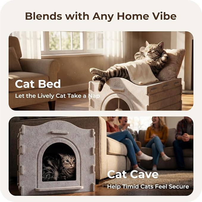 Cat Bed Cave for Indoor Cats: New Felt Cat Bed with Fluffy Ball Hanging, Foldable Cat House with Scratch-Resistant Board, Hideaway Cat Cave for Timid Cats, Sturdy Two-Tier Cat Condo - Gray - Image 2