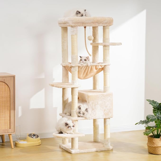 Heybly Cat Tree for Large Cats, 20lbs Heavy Duty, 60 inches HCT050M | Cat Tower for Indoor Cats with Big Padded Plush Perch, Multi-Level Furniture Condo with Cozy Basket, Beige - Image 7