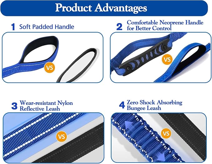 Heavy Duty Bungee Dog Leash with Locking Carabiner for Large Dogs | No Pull Bungee Shock Absorbing, 2 Padded Handles for control, Fits 60-150 lbs Dogs, Seatbelt Buckle, Reflective - Image 2