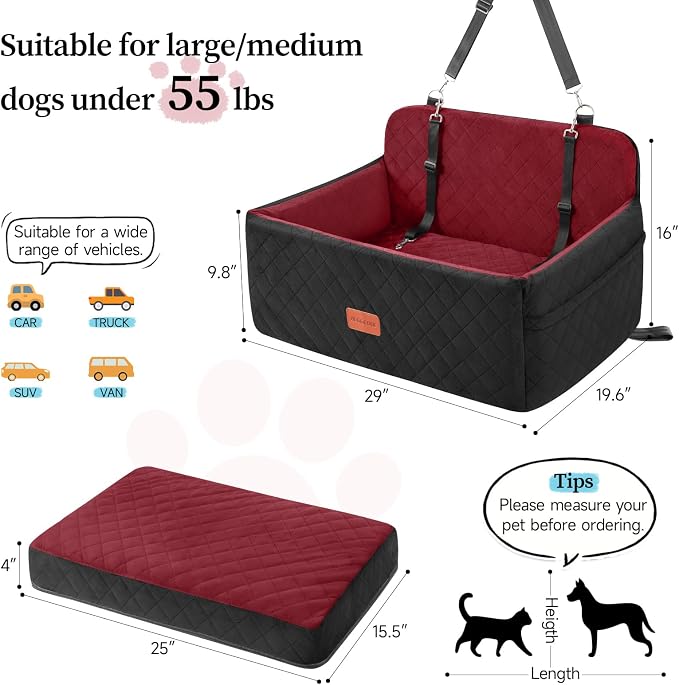 Dog Car Seat for Medium Large Dogs Under 55 lbs, Washable Pet Booster Seat | Dog Car Bed for 2 Small Dogs with Thick Cushion, Detachable Pet Car Seat for Backseat with 2 Safety Leashes and Pockets - Image 3