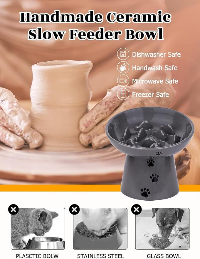Y YHY Slow Feeder Cat Bowl, Ceramic Cat Slow Feeder Bowl, 6 Inches, Elevated, Anti Vomiting for Dry and Wet Food, Gray - Image 6