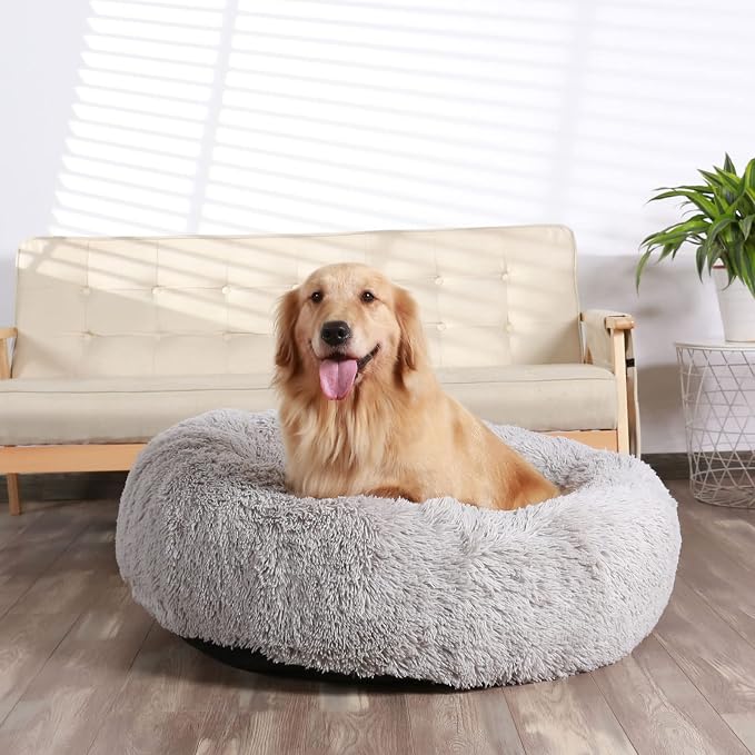 HACHIKITTY Calming Donut Cuddler Dog Bed, Round Fluffy Pet Bed for Large Dogs,Washable, Large, Gray, 30'' - Image 5