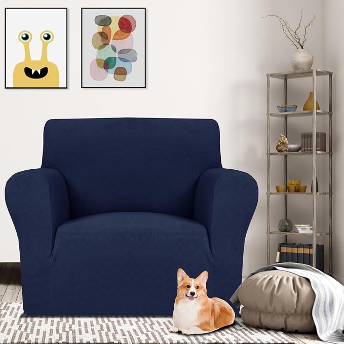 MAXIJIN Chair Covers for Living Room 1 Piece Stretch Sofa Chair Slipcovers with Arms (31"-46") Furniture Protector for Dog Pet Couch Armchair Cover (Chair, Diamond Pattern Navy Blue) - Image 2