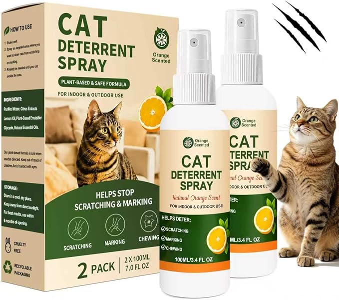 Cat Deterrent Spray for Furniture, Natural Cat Training Spray for Cats to Stop Scratching, Urine Marking & Chewing, Pet Safe for Indoor & Outdoor Use, Orange Scent, 2 Pack (3.4 Fl Oz Each) by Unknown