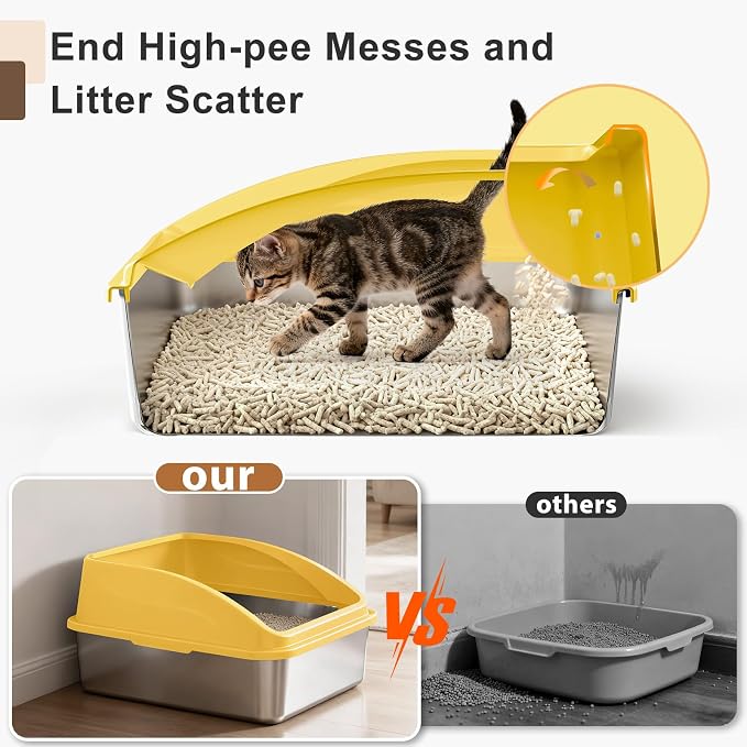 AIPERRO Stainless Steel Litter Box | XL Metal Cat Litter Boxes with Lid | Enclosed High Sided for Big Cats | Anti-Urine Leakage | Non-Stick & Easy to Clean with Litter Mat & Metal Scoop (Yellow) - Image 5