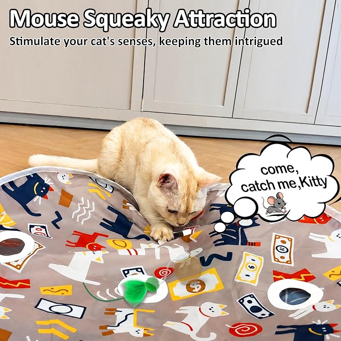 Cat Toys for Indoor Cats, Interactive Ball & 9 Holes Play Mat, Hide-n-Seek Exercise Game, Automatic Ball in Pouch, Mouse Squeaky Stimulating Toy, Motion Activated Kitten Enrichment Toys - Image 4