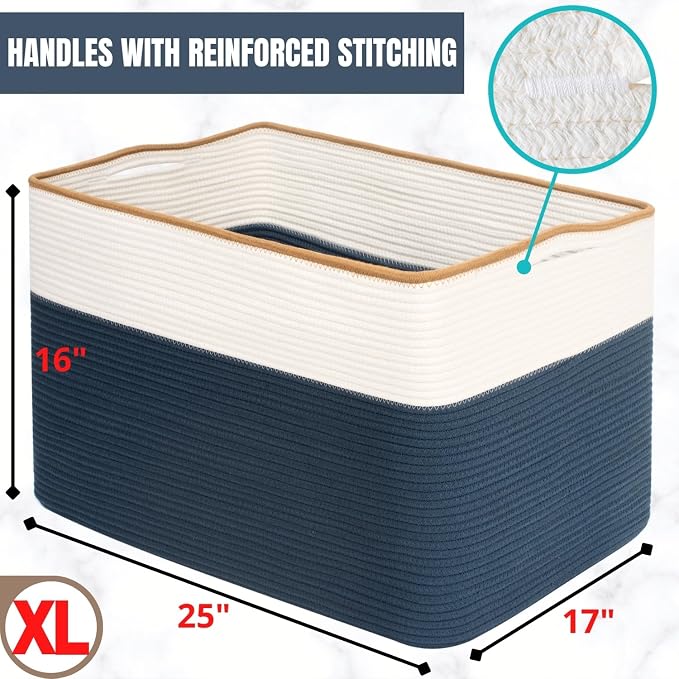 MINTWOOD Design 112L Extra Large Blanket Basket Holder Living Room, 25"x17"x16" Rectangle Rope Woven Storage Basket with Handles for Laundry, Towels, Shoes, Dog Toy Organizer Bin Box, Prussian Blue - Image 7