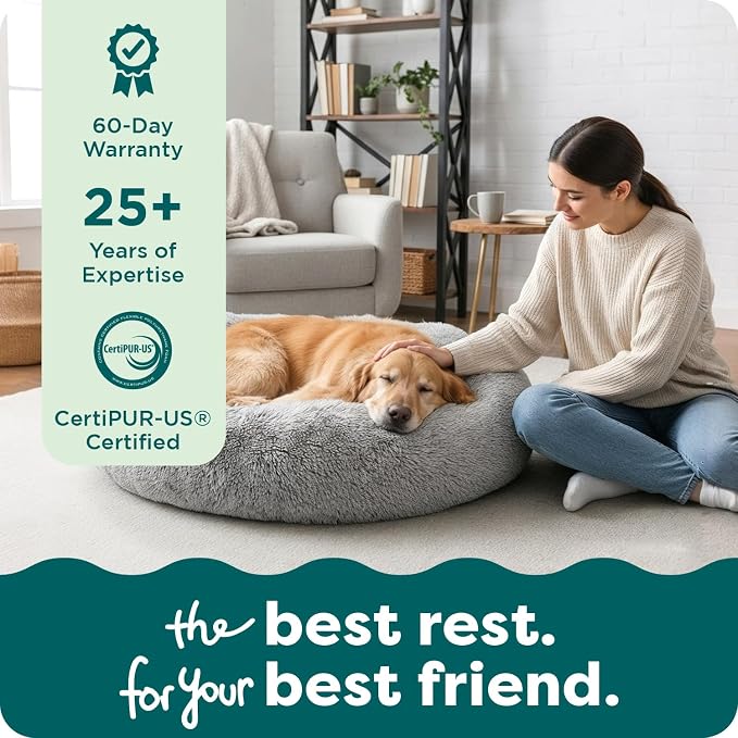 Furhaven 45" Round Calming Donut Dog Bed for Large Dogs, Refillable w/ Removable Washable Cover, For Dogs Up to 90 lbs - Shaggy Plush Long Faux Fur Donut Bed - Taupe, Jumbo/XL - Image 9