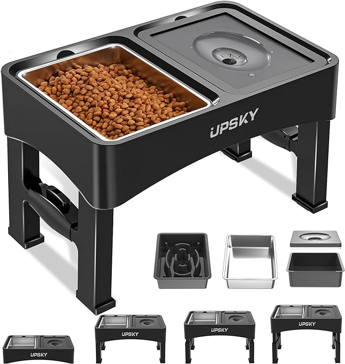 UPSKY 3-in-1 Elevated Dog Bowls Set with 4 Height Adjustable Stand, Balck | 304 Stainless Steel Bowl, No Spill Water Bowl, Slow Food Bowl, Anti-Slip, Dishwasher Safe, Suitable for Small Medium Dogs by UPSKY