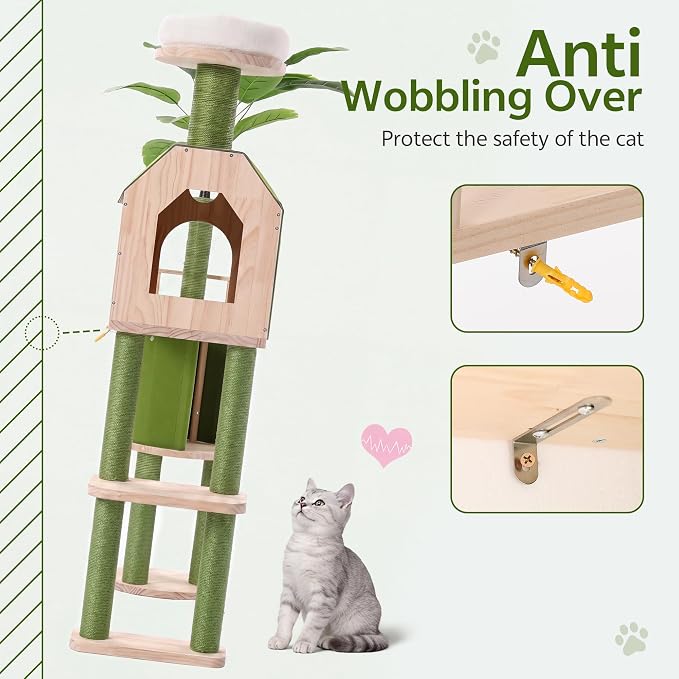 Wood Cat Tower for Self-Cleaning Litter Box, with Faux Plant, 58In | Multi-Level Cat Tree for Adult Large Cats, with Cozy Plush Bed, House, Scratching Posts, Cat Furniture for Indoor Cats, Green - Image 7