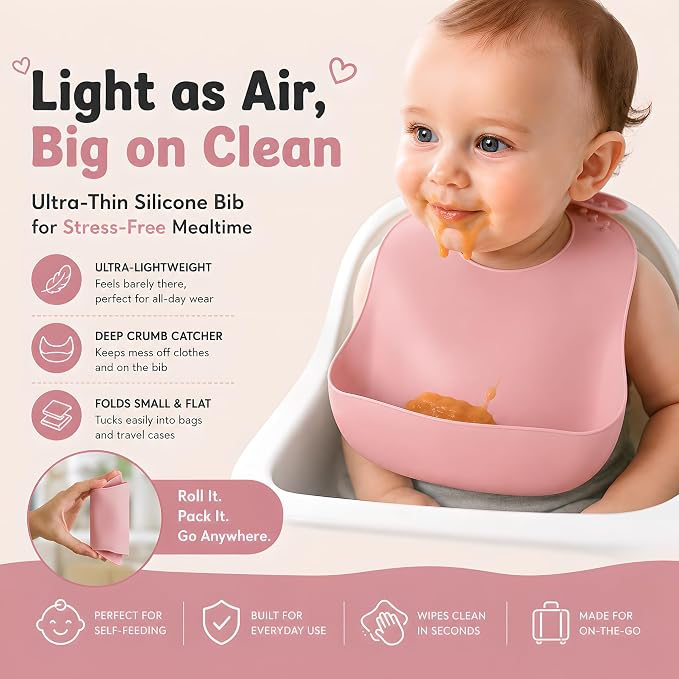 Travel Silicone Baby Feeding Set with 316 Stainless Steel Spoon & Fork ,Silicone Suction Plates, Foldable Bib, Storage Bag - Portable Infant Toddler Utensils, 6-Piece BPA-Free Dishware Kit（pink） - Image 4