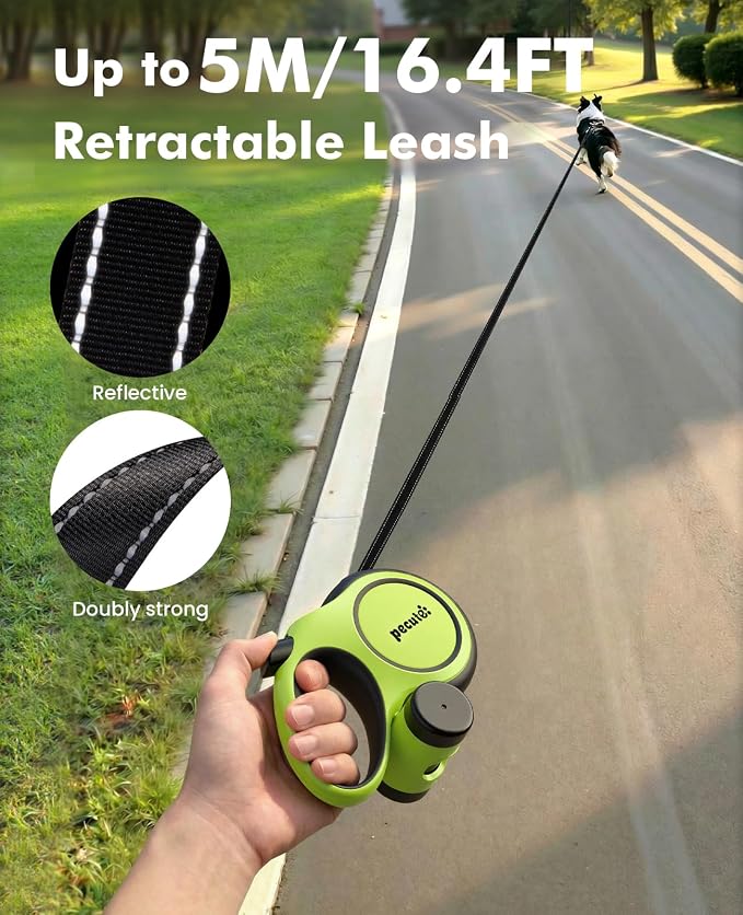 Pecute Chew Proof Retractable Dog Leash 16.4ft for Dogs 11-66 lbs | Heavy Duty Dog Leash Retractable with Steel Anti-Chew Cable, Lightweight, Non-Slip Grip, Built-in Poop Bag Holder, Reflective - Image 2