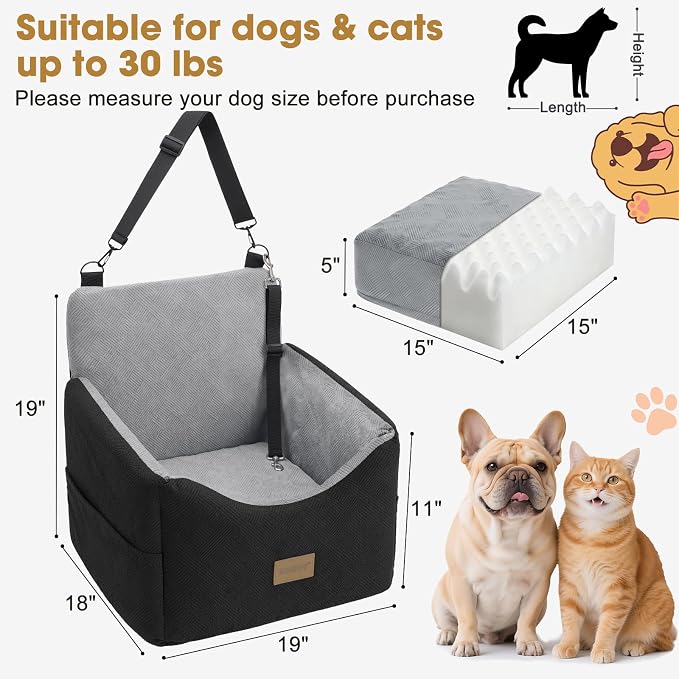 JOEJOY Dog Car Seats for Small Medium Dogs Under 35lbs, Dog Booster Seat with Detachable Washable Cover and Cushion, Memory Foam Pet Car Seat with Safety Belt and Storage Pockets (BLG) - Image 5