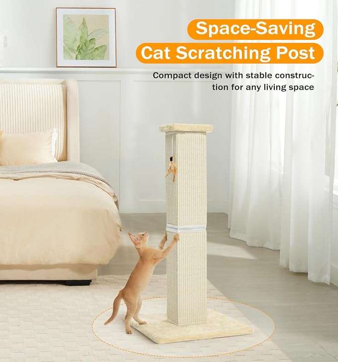 Made4Pets Cat Scratching Post for Indoor Cats, Sisal Cat Scratcher, 32" | Full Sisal Surface, Durable for Heavy Scratchers, Stable Base, Full-Body Stretching, Feather Toy for Kittens & Adult Cats - Image 5