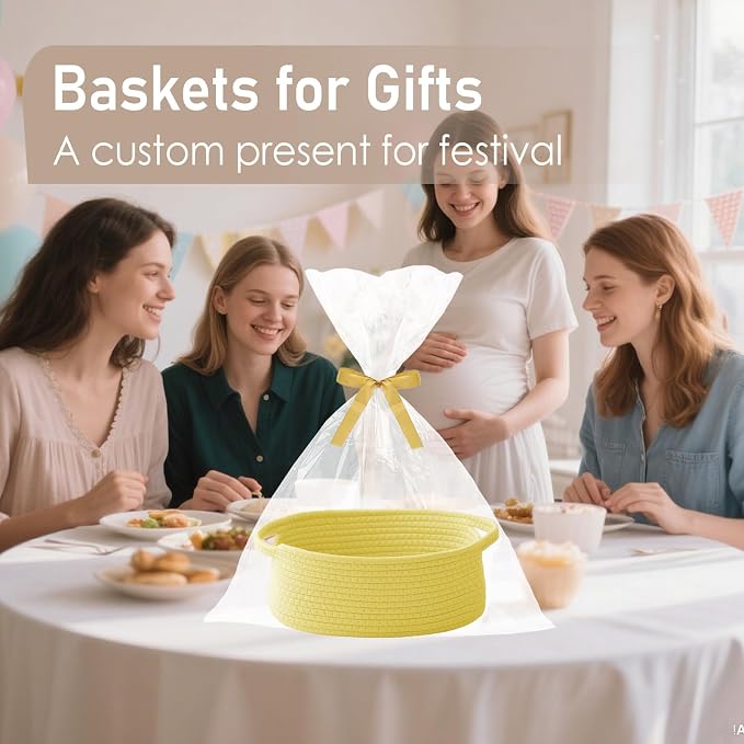 JMvicyroam Small Woven Basket, Empty Gift Basket, Yellow/2 Pack | Small Gift Basket, Cotton Rope, 12 x 8 x 40 in, Handles, Includes Ribbon and Bag, Birthday Gift Basket - Image 4