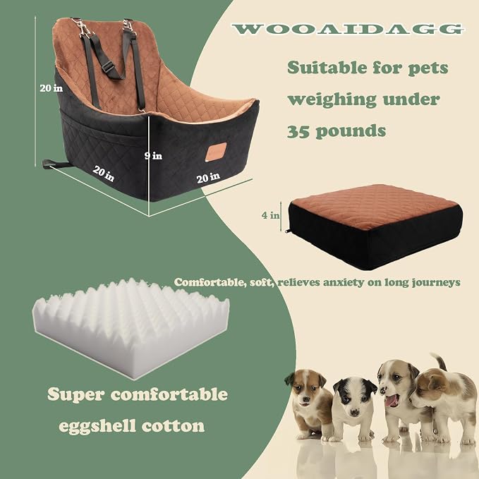 WOOAIDAGG Dog Car Seat for Medium Sized Dog,Pet Travel Car Bed with Seat Belt Channle,Fully Detachable and Washable Car Dog Seat with Adjustable Straps,3 Straps Easy to Install (Black/Brown) - Image 2