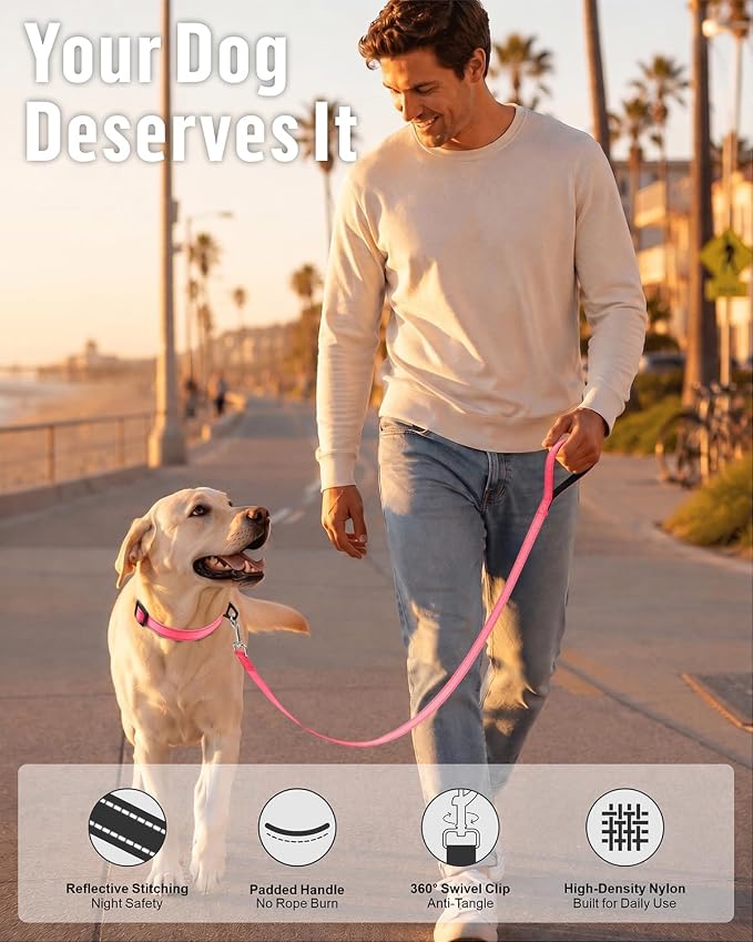 FunTags Reflective Nylon Dog Leash for Medium & Large Dogs, 6FT for Walks | Comfortable Padded Grip, Stay Safe at Night, 360° Anti-Tangle Swivel, for Dog Parks & Trails, Neon Pink - Image 6