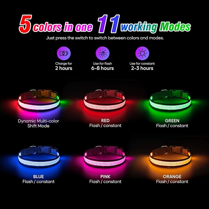 Multicolor Light Up Dog Collar, 5V Waterproof Led Dog Collar Rechargeable, 200 mAh Adjustable Glow in the Dark Dog Collars with 11 Light Modes for Small, Medium, Large Dogs Walk at Night (Large) - Image 5