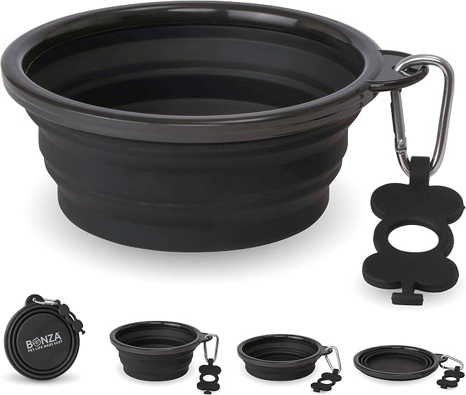 Bonza Collapsible Dog Bowls - Large 33 oz, Dog Travel Accessories, Silicone Portable Dogs Bowl & Water Dish with Reinforced Rim & Carabiner for Hiking, Camping, and Car Trips, Black by Bonza