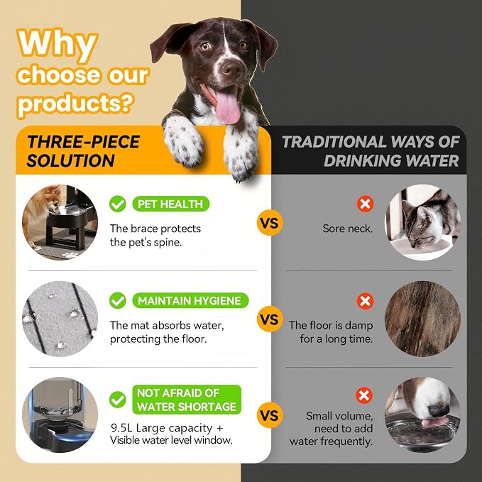 CZPET Elevated Dog Water Bowl Dispenser with Mat (9.5L+Stand+Mat,Black) | With Stainless Steel Bowl Gravity Waterer, Large Capacity and Drinking Area Noise-Free for Pets - Image 4